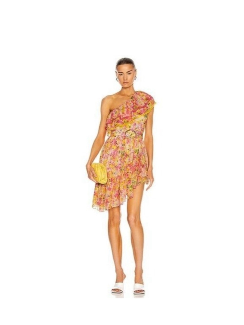 Rococo Sand One-Shoulder Floral Ruffle Mini Dress in Yellow and Pink